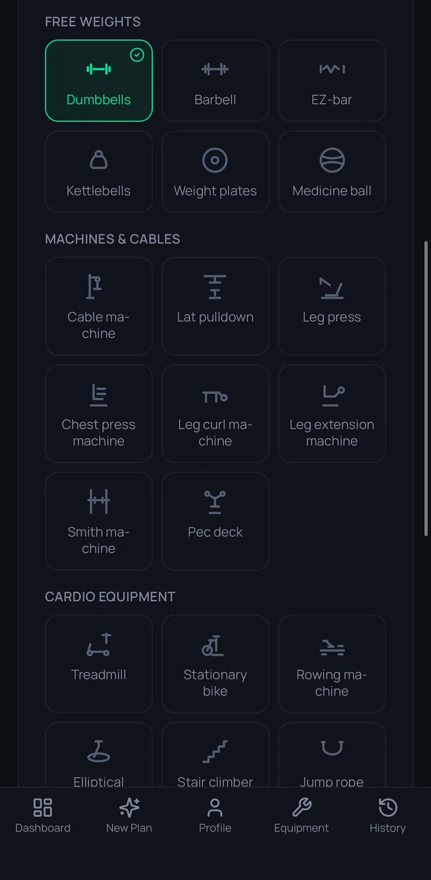 The LoadWise equipment picker, showing free weights, machines and cardio equipment as selectable tiles