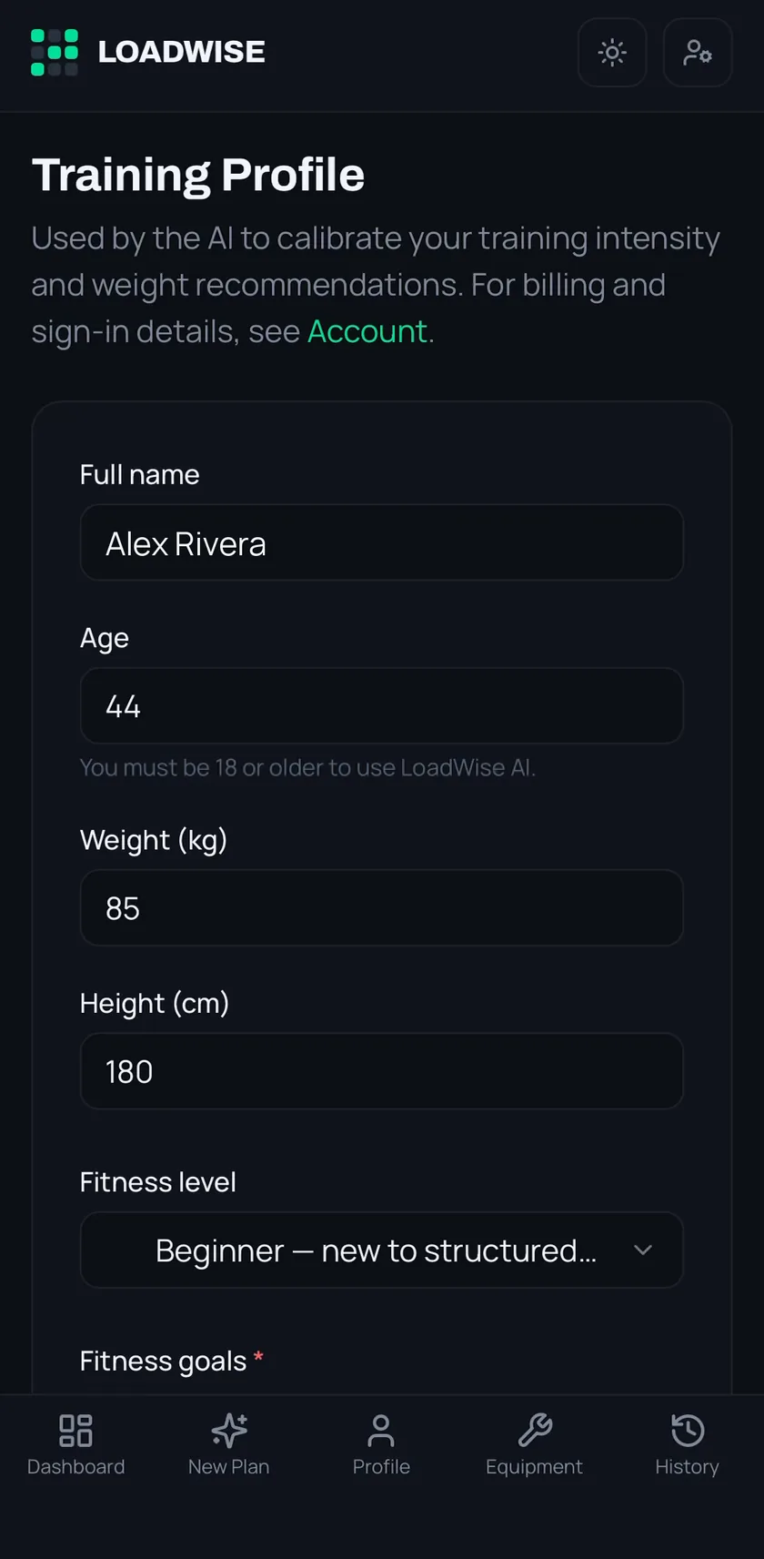The LoadWise training profile screen, showing age, weight, height and fitness level