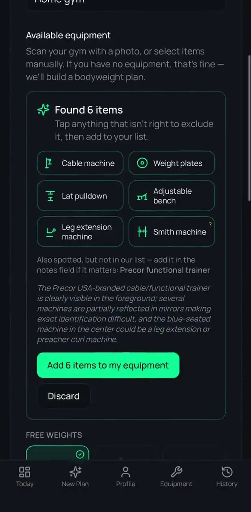 A phone photographing a commercial gym, then LoadWise listing what it found: cable machine, weight plates, lat pulldown, adjustable bench, leg extension machine and Smith machine, each one tappable to exclude