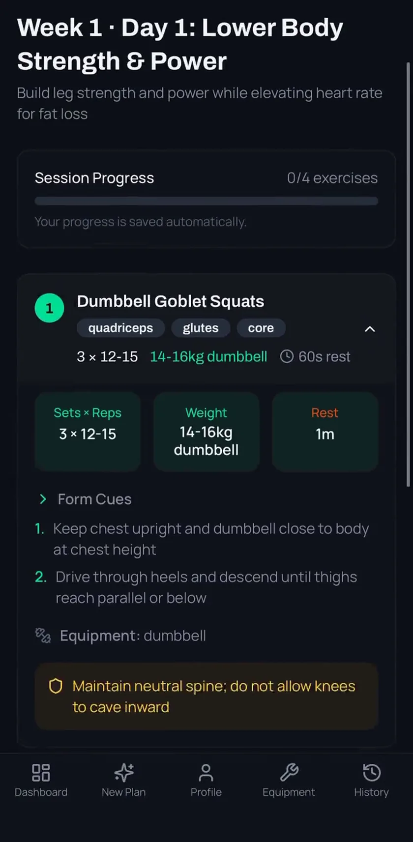 A LoadWise workout in progress on a phone: an exercise expands to show sets, reps, weight, rest, form cues and a safety note